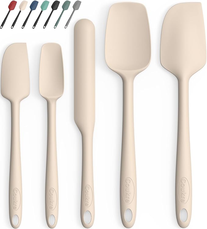 Coukre Silicone Spatula Set of 5,High Heat Resistant, Food Grade Silicone, Upgraded Extended Reinforced Handle,Dishwasher Safe, for Baking, Cooking (Pure Beige, Solid color)