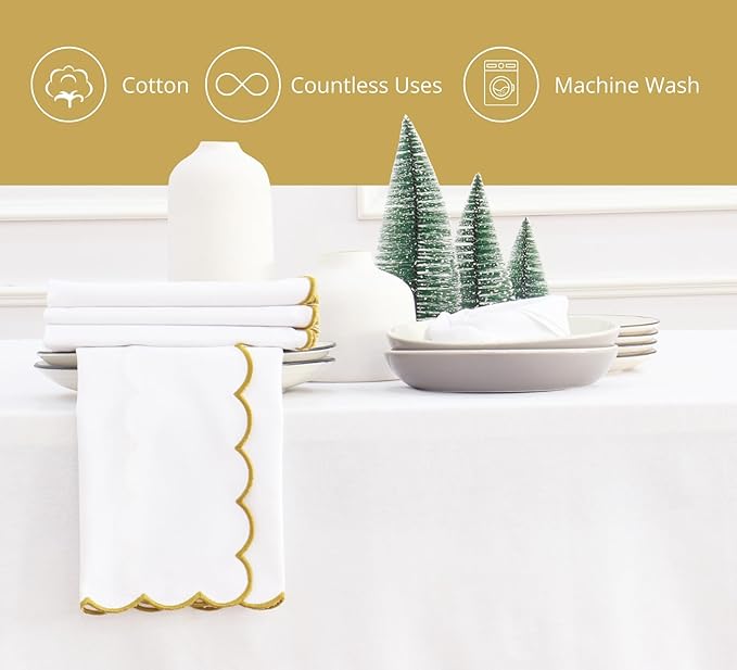 PurpleEssences Scalloped Embroidery Cloth Napkins Christmas Holiday Winter Table Decor 100% Cotton Set of 4-18 x 18 inch - White - Edges - Gold