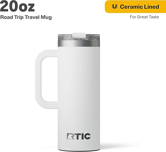 RTIC 20oz Road Trip Travel Mug with Lid and Handle, Ceramic Lined, Insulated, Stainless Steel, Metal, Double Wall Vacuum-Insulation, Portable Coffee, Tea Cup for Hot and Cold Drink, White