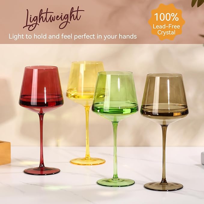 Colored Wine Glasses Set of 6-18oz【Hand Blown】Sunset Colorful Wine Glasses with Stem-Muticolor Wine Glass