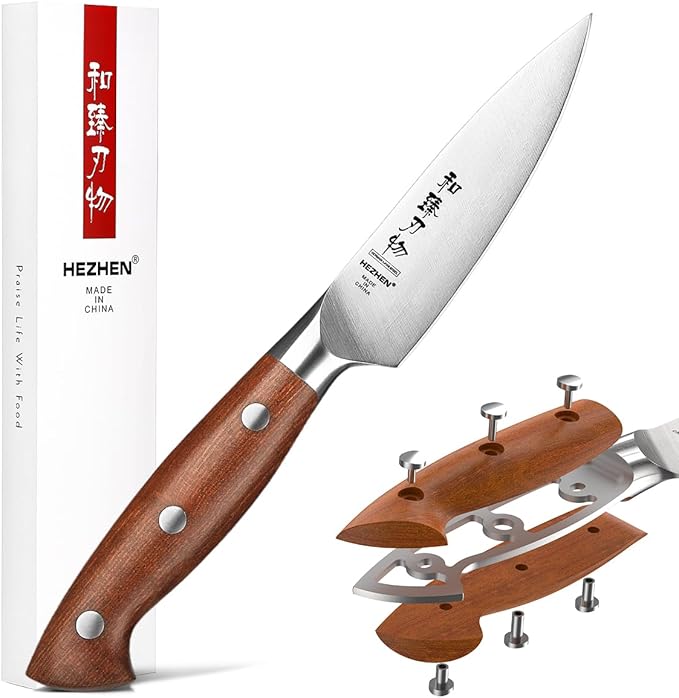 HEZHEN 4.3 inch Blade Paring Kitchen Knife,High-Carbon 1.4116 German Steel Cutlery, Ergonomic Red Wood Handle Petty Knives for Home Chefs, Ultimate Paring Knife for Utility Tasks