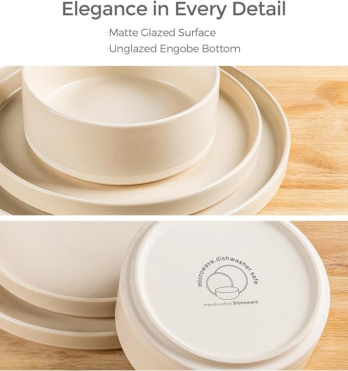 TheTerra Ceramic Dinnerware Sets for 6, 18 Pieces Handmade Reactive Glaze Plates and Bowls Set, Scratch Resistant Dish Set, Oven & Microwave & Dishwasher Safe, Matte White
