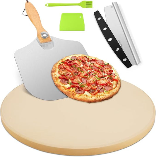Pizza Stone 5 PCS Set, 15 Inch Large Round Pizza Stone Set for Oven & Outdoor Grill with Metal Pizza Peels & Cutter Rocker, 0.6'' Thickened Stone Pizza Pan, Grill Baking Stone for Pizza, Bread