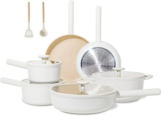 JEETEE Ceramic Cookware Sets 17pcs, Pots and Pans Set Non Stick, Healthy Induction Kitchen Cooking Set with Removable Handles, Stackable Pots Pans, Oven Safe, PFOA/PFOS Free, Beige