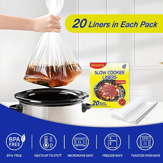 Slow Cooker Liners,3-8 Quart Cooking Bags Large Size 13"x 21", Disposable Slow Cooker Bags Oval For Crock Pot 20PCS