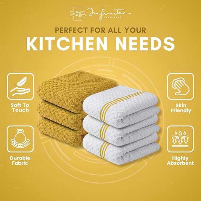 Infinitee Xclusives 100% Cotton Kitchen Towels - 15x25 Inch Ultra Soft Tea Towels, Super Absorbent Terry Dish Towel for Kitchen Linens |Radiant Yellow|