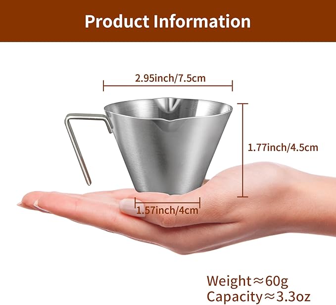 2Pcs Stainless Steel Espresso Cup, Double Spout Metal Espresso Measuring Cup with Handle, 3.4oz/100ml V-Shaped Mouth with Dual Scale (Silver+Black)