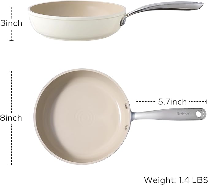 Redchef Ceramic Non Stick Frying Pans, Nonstick Frying Pan Skillet, Ceramic Egg Pan with Stay Cool Handle, Non Toxic Induction Pan for Cooking, PFOA & PFAS Free, Oven & Dishwasher Safe (8" Beige)