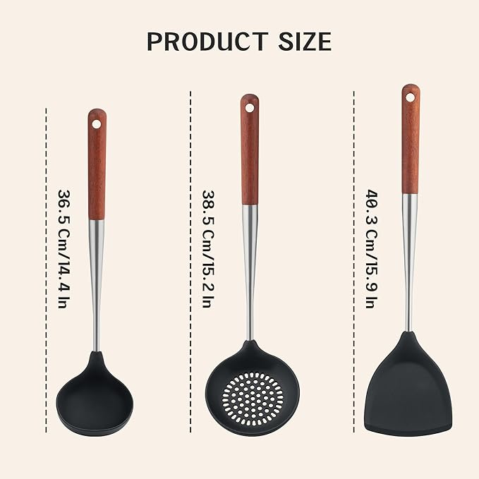 FJNATINH Silicone Spatula - Ladle - Skimmer Set - Wok Ladle Tool Set,Stainless Steel Non Stick Heat-Resistant Cooking Utensils BPA Free Kitchen Utensils Cookware Wooden Handle, Pack of 3