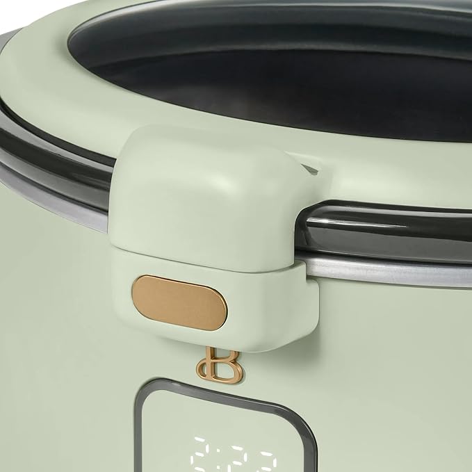 Beautiful 4-Qt Programmable Slow Cooker with Hinged Locking Lid & Touch Display – 3 Heat / 4 Timer Settings (Sage Green)