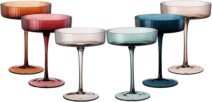 Colored Vintage Art Deco Coupe Glasses - Martini, Cocktail & Champagne Ribbed Glasses 7oz | Set of 6 | Cute Pastel Muted Crystal Cocktail Glassware, Goblet Cocktails, Stemmed Ripple Glassware Gift Box