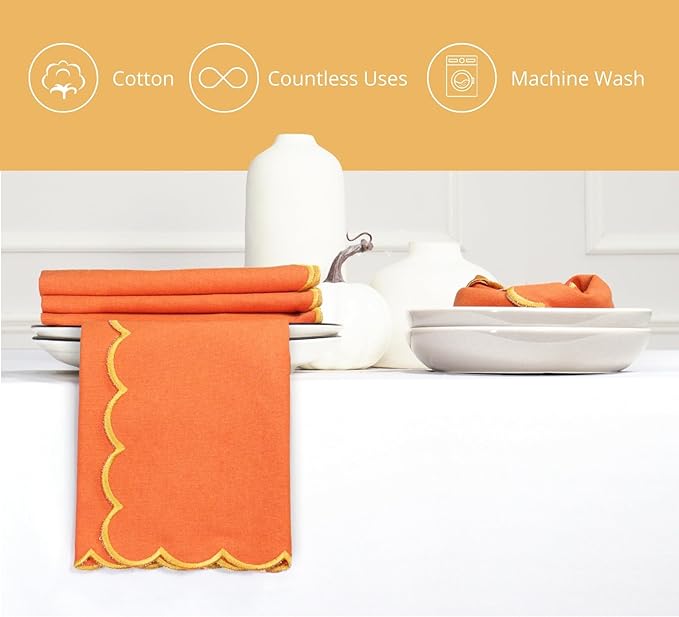PurpleEssences Scalloped Embroidery Cloth Napkins Christmas Holiday Winter Table Decor 100% Cotton Set of 4-18 x 18 inch - Orange - Edges - Golden Yellow