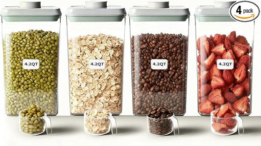 Large Pop Airtight Food Storage Containers Set with Lids 4.2Qt/4L Food Containers with Scoop, Kitchen Pantry Organization and Storage, BPA Free Stackable Cereal Container (4 * 4.2Qt)