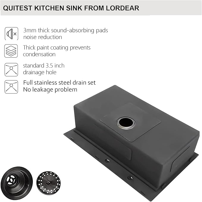Lordear 28 Inch Drop in Kitchen Sink Gunmetal Black Drop in Single Bowl 16 Gauge Stainless Steel Ledge Workstation Topmount Overcounter Handmade Sink Basin, 28"x22"x10"