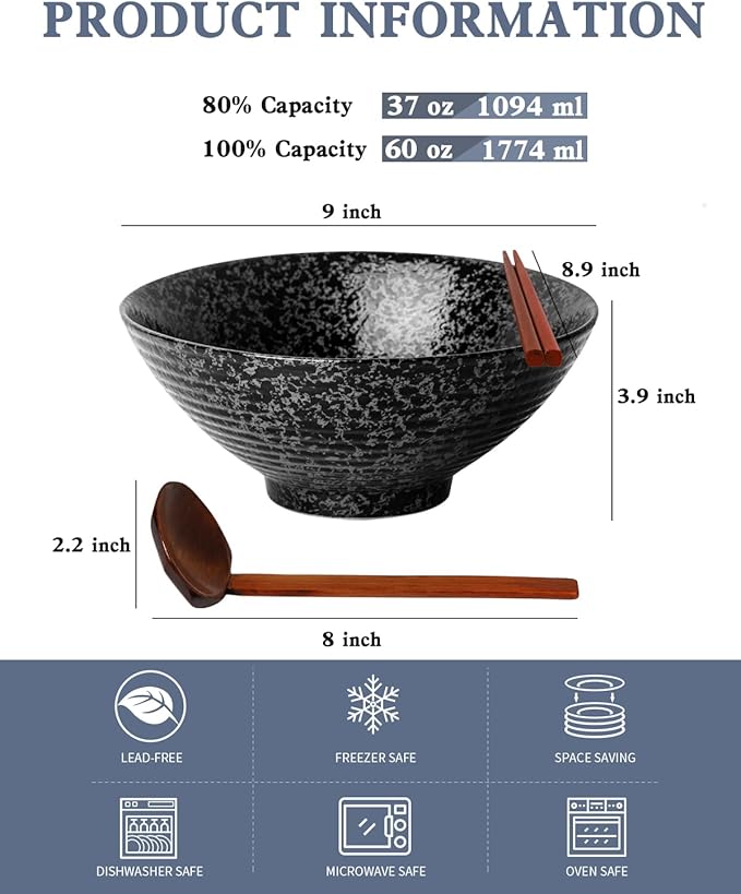 Kanwone Ceramic Japanese Ramen Bowl Set, Noodle Soup Bowls - 60 Ounce, with Matching Spoons and Chopsticks for Udon Soba Pho Asian Noodles, Set of 2, Black