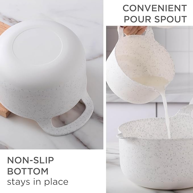 COOK WITH COLOR Nesting Plastic Mixing Bowl Set with Pour Spouts and Handles and Non Slip Bottom, Speckled White, 4 Piece