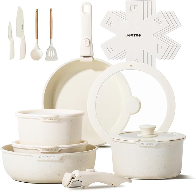 JEETEE Pots and Pans Set Non Stick 19pcs, Kitchen Cookware Sets with Detachable Handle, Induction Nonstick Cookware Set with Removable Handle, Stackable RV Cookware, Oven Safe, PFOA Free, Beige
