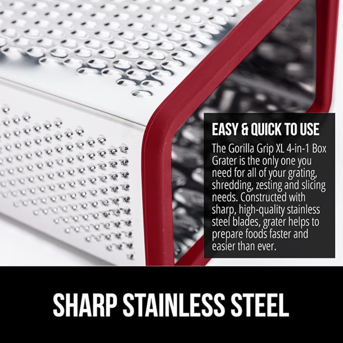 GORILLA GRIP 4-Sided 100% BPA-Free Cheese Grater With Container, Stainless Steel XL Box Graters, Parmesan Shredder, Grate Cheeses, Shred Veggies, Slip Resistant Handle, Dishwasher Safe Zester, Red
