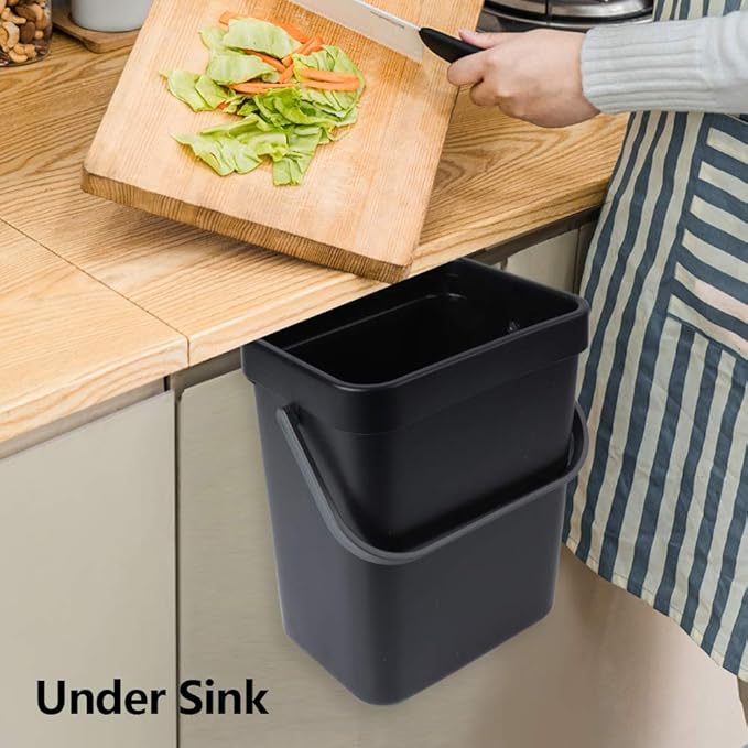 Hanging Small Trash Can with Lid Under Sink for Kitchen, 5 L/ 1.3 Gallons Plastic Waste Basket,Food Waste Bin,Kitchen Compost Bin for Counter Top,Bathroom/Office (Black)