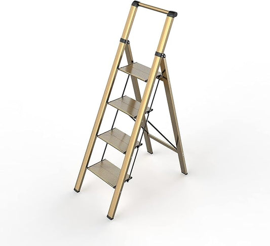 4 Step Ladder, Folding Step Stool with Anti-Slip Wide Sturdy Pedal and Handgrip, Portable Lightweight Aluminum Stepladder, 300 lbs Capacity, Multi-Use for Home, Library - Brown Gold