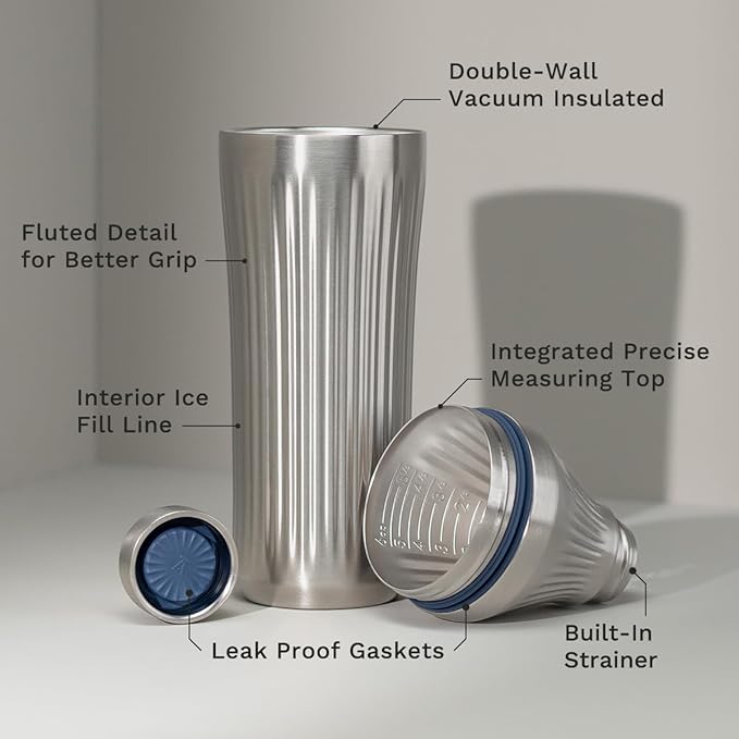 Elevated Craft Diamond Edition Hybrid Cocktail Shaker Set - Premium Vacuum Insulated Stainless Steel, 28 oz, Includes Built-In Strainer, Precise Measuring Top & XL Polishing Cloth - Martini Shaker