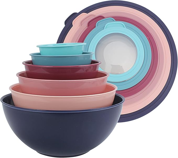 COOK WITH COLOR Mixing Bowls with TPR Lids - 12 Piece Plastic Nesting Bowls Set includes 6 Prep Bowls and 6 Lids, Microwave Safe Mixing Bowl Set (Multicolored Set with Large Blue Bowl)