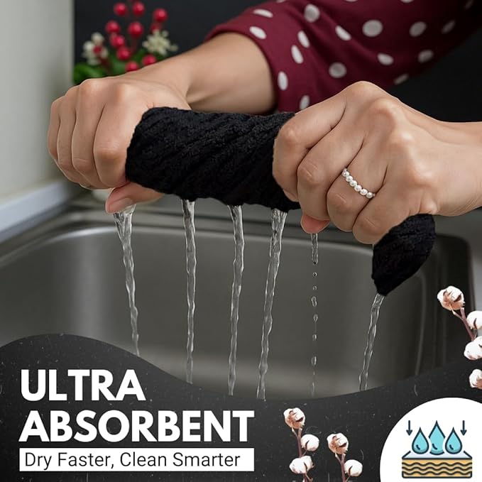 Infinitee Xclusives 100% Cotton Kitchen Towels - 15x25 Inch Ultra Soft Tea Towel, Super Absorbent Terry Dish Towels for Kitchen Linens |Storm Black|