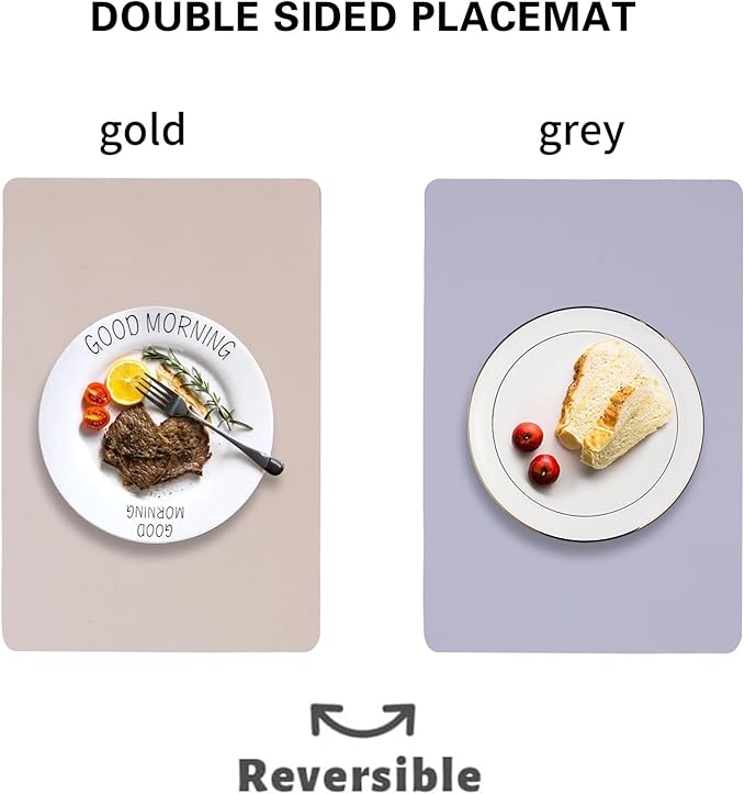 PU Placemats Set of 6 Reversible,Waterproof Faux Leather Placemat for Dining Table,Wipeable Table Mats Heat Resistant Anti Slip Washable,Modern Table Protectors(Gold and Grey)