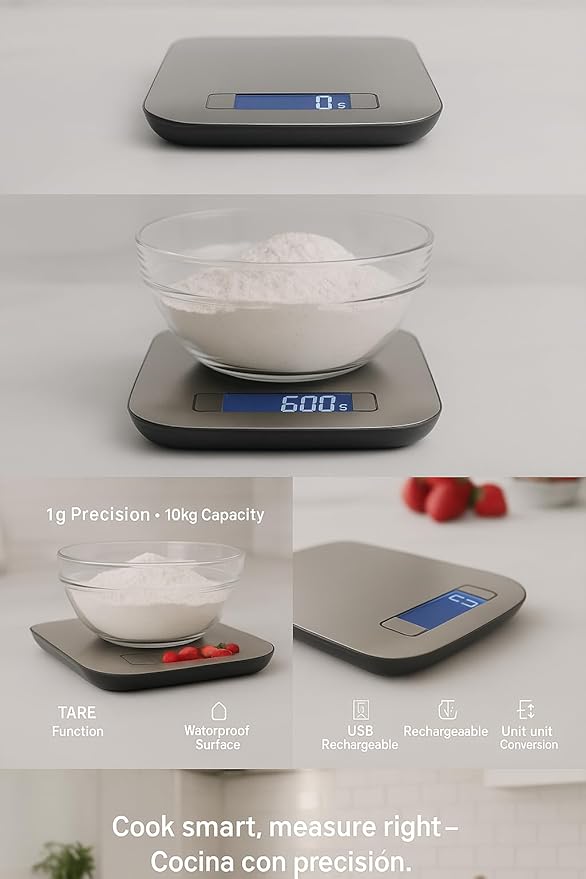 Digital Kitchen Scale – 1g Precision, 10kg Capacity, Stainless Steel Food Scale with LCD Display, Tare Function, Battery Powered for Cooking & Baking