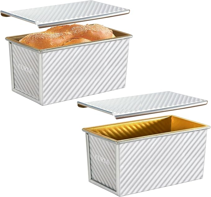 CURTA Pullman Loaf Pan with Lid 1 lb Dough Capacity Non-Stick Bakeware for Baking Bread, Corrugated sourdough bread pan, Silver 2pcs