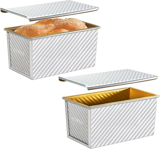 CURTA Pullman Loaf Pan with Lid 1 lb Dough Capacity Non-Stick Bakeware for Baking Bread, Corrugated sourdough bread pan, Silver 2pcs