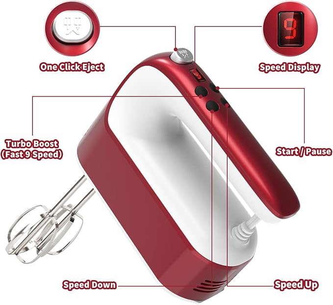 9-Speed Digital Hand Mixer Electric, 400W Powerful DC Motor, Baking Mixer Handheld with Snap-On Storage Case, 5 Stainless Steel Accessories, Flat Beaters, Dough Hooks, Whisk (Red&White)