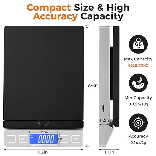 Digital Shipping Postal Scale, Mail Scale with Envelope Flip Holder, 66lb/0.1oz Postage Scale for Package, Small Business, Post Office, Hold&Tare Function, Battery&Type-C Charging Cable - Silver