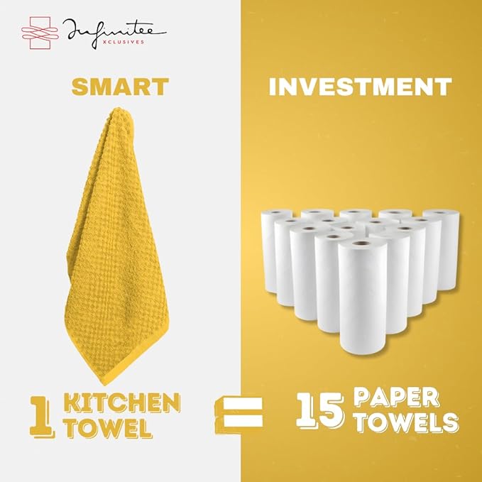 Infinitee Xclusives 100% Cotton Kitchen Towels - 15x25 Inch Ultra Soft Tea Towels, Super Absorbent Terry Dish Towel for Kitchen Linens |Radiant Yellow|