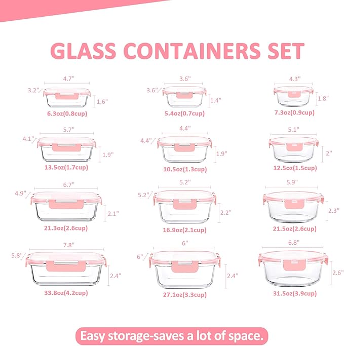 24 Pieces Glass Food Storage Containers Set, Meal Prep Containers-Stackable Airtight Glass Storage Containers with lids,Freezer, Microwave, Oven Safe,Pink