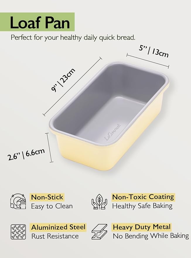 LeGourmet Nonstick Bread Loaf Pan 9 X 5 Inch, Ceramic Coating, Non-Toxic, Rust Resistant Aluminized Steel, Perfect 1 lb Baking Dish for Meatloaf, Pound Cake & Brownie (Butter 2pcs)