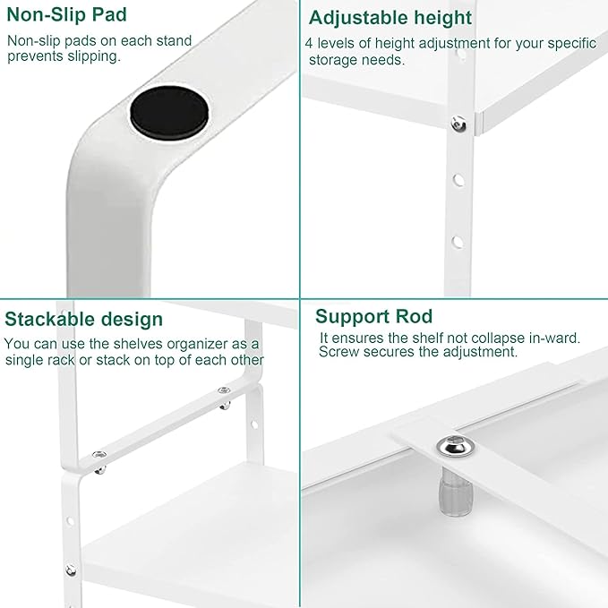 Redrubbit Expandable Cabinet Shelf Organizers, Stackable Kitchen Counter Shelves Spice Rack for Kitchen Bathroom Pantry Cupboard Desk Home Office, Metal Plate Heavy Duty Nonslip White, Set of 3