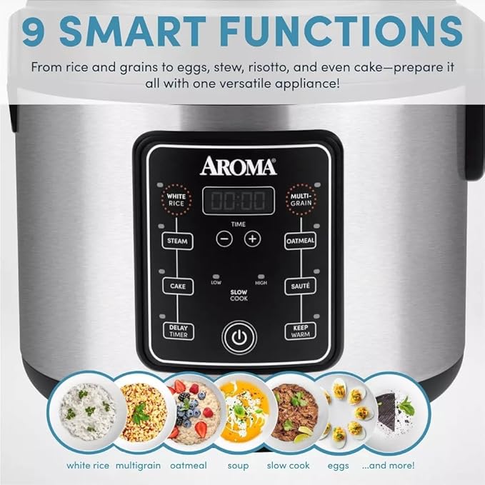 Aromas 20-Cup Digital Rice Cooker and Multi Cooker, Stainless Steel, Programmable Rice Cooker with Steamer, Slow Cook and Keep Warm Functions, 700W Kitchen Appliance