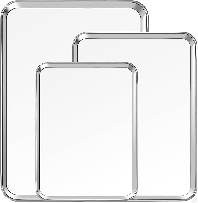 3 sets（18/16/12）Piece Stainless Steel Baking Pan Set – Heavy Duty, Non-Stick, Oven Safe, Perfect for Cakes, Cookies & Roasts，Commercial Cookie Trays, Oven & Dishwasher Safe - Rustproof & Durable