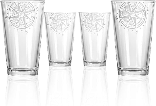 Rolf Glass Compass Star Pint Glass | 16oz Lead-Free Glass | Deep Sand Etched in the USA | Nautical Etched Design | Set of 4