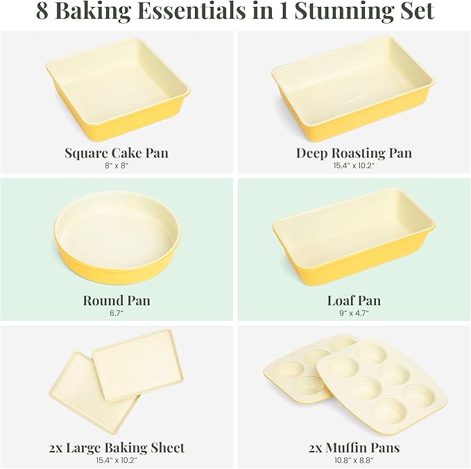 Larder & Vine 8-Piece Bakeware Set | Non-Stick Baking Set with Ceramic Finish | PFAS, PFOA, PTFE, and BPA Free Baking Essentials | Baking Sheets, Muffin Tins and Assorted Baking Pans | Limoncello
