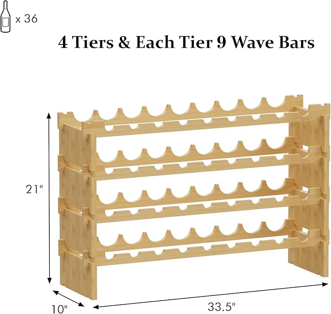 Bambloom Wine Rack Freestanding Floor, Wooden Stackable Bottle Storage Rack for Kitchen,Cellar. 36 Bottles Wine Holder Display Shelves for Champagne(Bamboo)