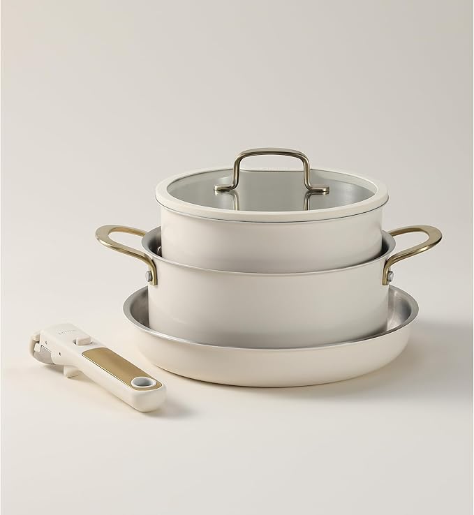 CAROTE 19pcs Tri-Ply Stainless Steel Cookware Set with Detachable Handle, Pots and Pans Set, Induction Kitchen Cooking Sets, RV/Camping Cookware, Outer Ceramic Layer, Oven Safe, Cream White