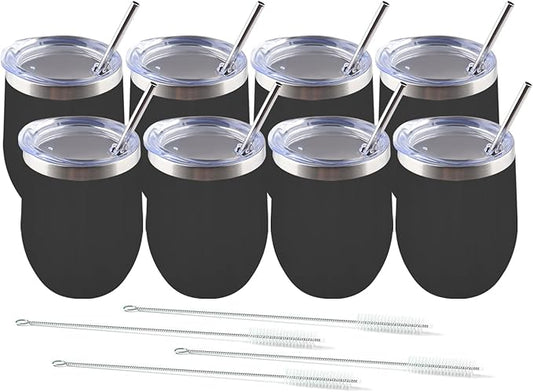 Amtidy 8 Pack Powder Coated Stainless Steel Tumbler with Lid,Equipped with straw and straw brush，12 oz Double Wall Vacuum Insulated Travel Tumbler Cup for Coffee, Wine, Cocktails