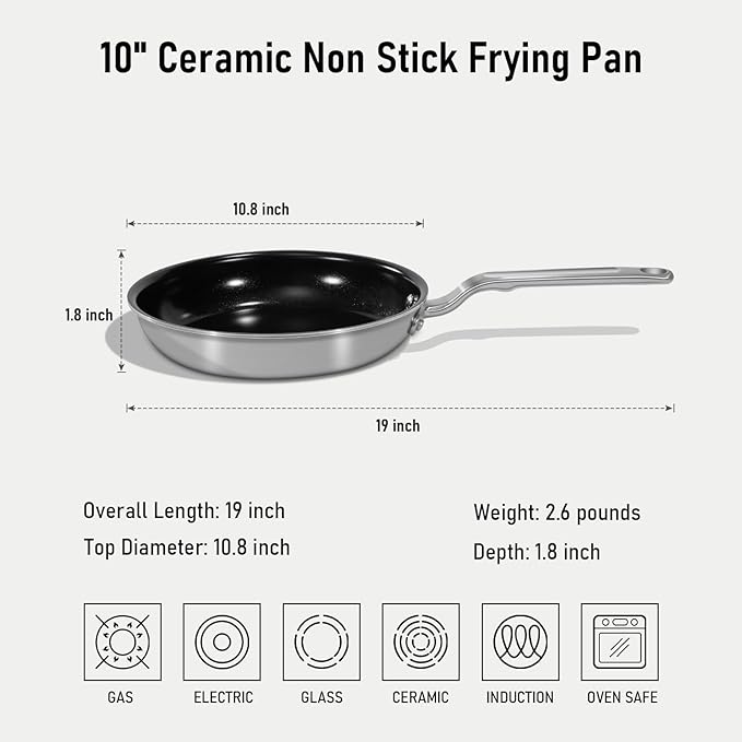 10 Inch Ceramic Non Stick Frying Pans - 5 Ply Stainless Clad Nonstick Skillet, Toxic, PTFE & PFOA FREE, Professional Cookware for Induction, All Stoves and Oven up to 650°F