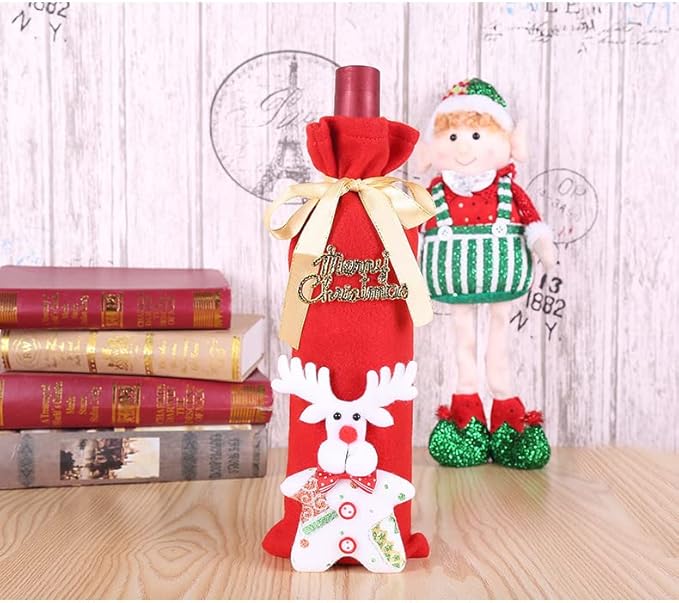 hexiaoxiao 3pcs Christmas Wine Bottle Gift Bags Cute Merry Christmas Wine Bottle Covers with Ribbon for Holiday Party gift wine bags (Santa Snowman and elk)
