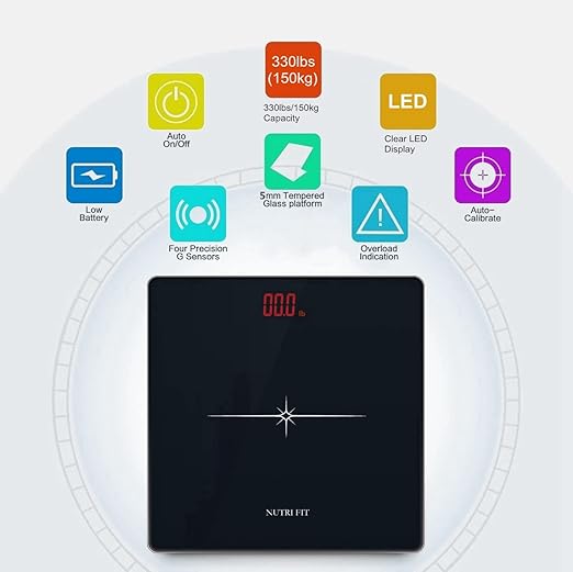 NUTRI FIT Digital Scale for Body Weight, Precision Bathroom Weighing Scale Step-On Technology High Capacity - 330 lb, LED Display with High Precision Measurements, Black