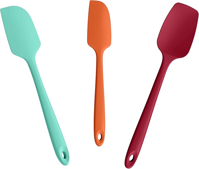 3-Piece Silicone Spatula Scrapers: Doosu 600°F Heat Resistant Food Grade Kitchen BPA Free Rubber Baking Cooking Tool Nonstick Utensil Set for Mixing, Scraping, Folding, Stirring, Serving (Multi-4)