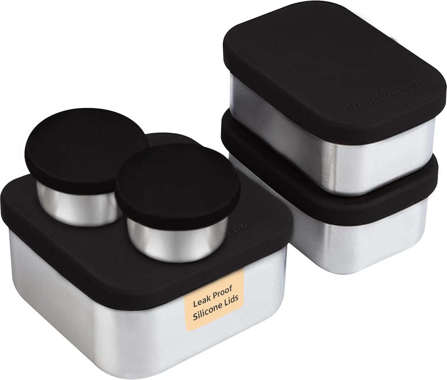 Flexibento - Leak proof Stainless Steel Bento Box | Stainless steel Snack Containers | Food Containers with Silicone Lids | Metal Food Containers| Bentobox - Black, 52 Oz Set (set of 5)