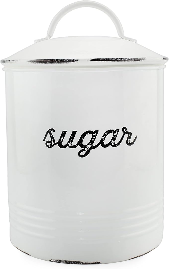 AuldHome Design Enamelware White Sugar Canister; Rustic Distressed Style Staples Storage for Kitchen